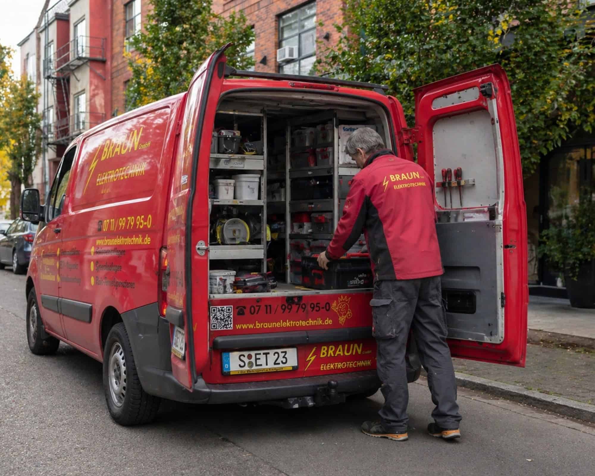 Elektriker bei Arbeit an Braune Elektrotechnik Servicefahrzeug.